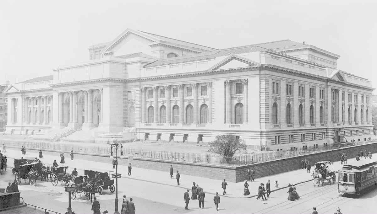 The New York Public Library Glass negative from 1908 depicting horse carriages and trolleys. Late stage construction: trademark lions not yet installed.