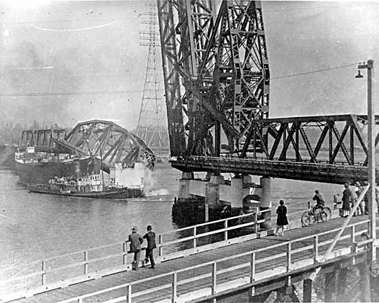 Second Narrows Bridge collapse, caused by collision of the hulk Pacific Gatherer being towed by the tug Lorne 