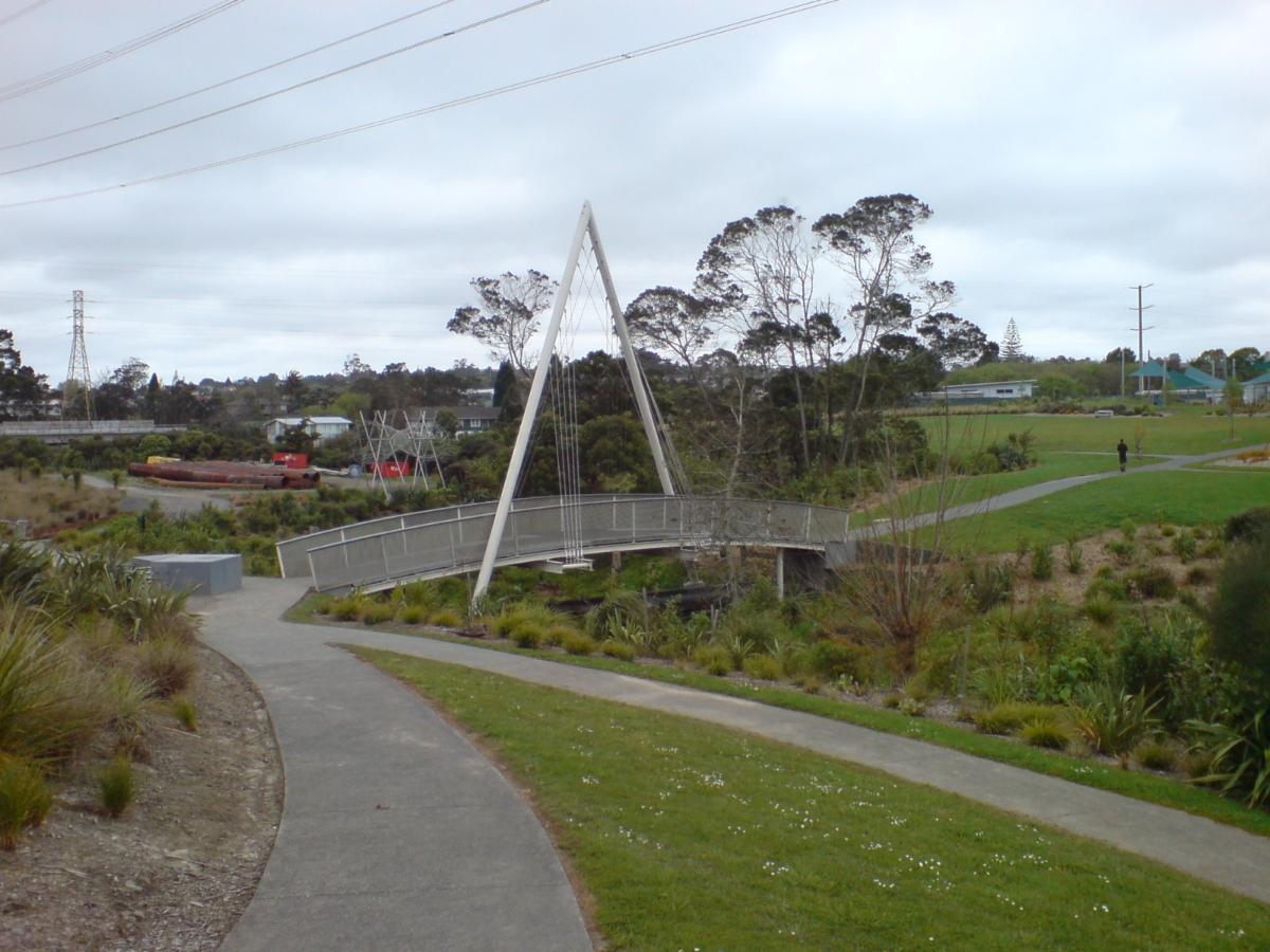 A footbridge in Olympic Park, crossing the stream between Auckland City and Waitakere City, New Zealand Looking northeast.