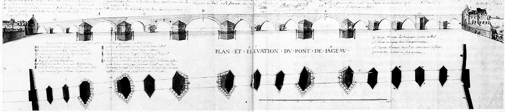 Plan et élévation de l'ancien pont de pierre de Jargeau, par l'ingénieur Mathieu le 25 janvier 1703 