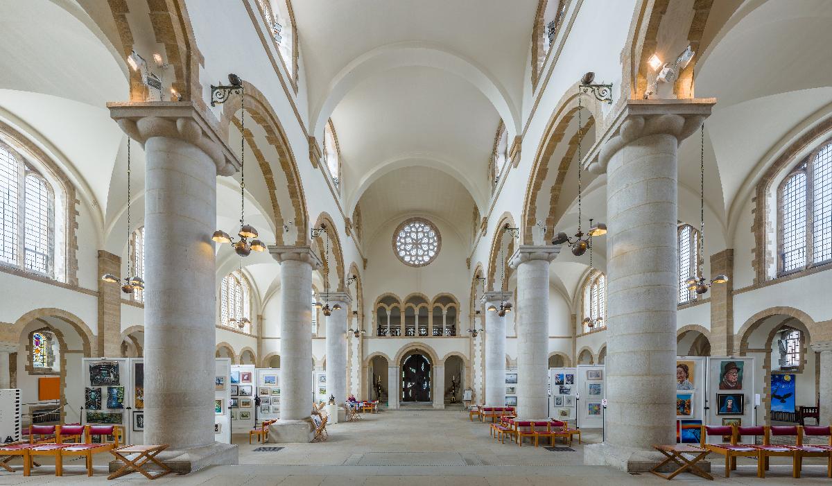 The nave of Portsmouth Cathedral looking west, in Hampshire, England 