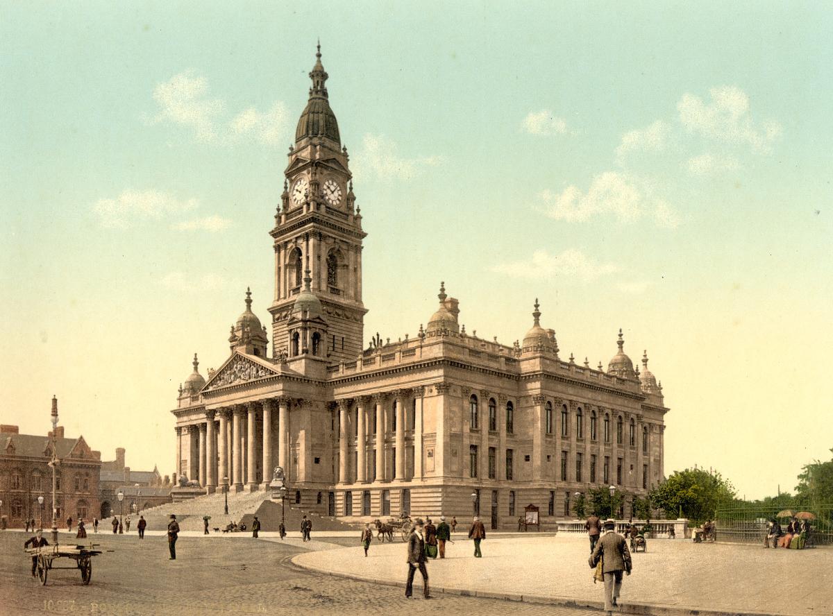 Photochrom of portsmouth guildhall in 1905 showing it's appearance prior to damage and rebuilding during and after WW2 