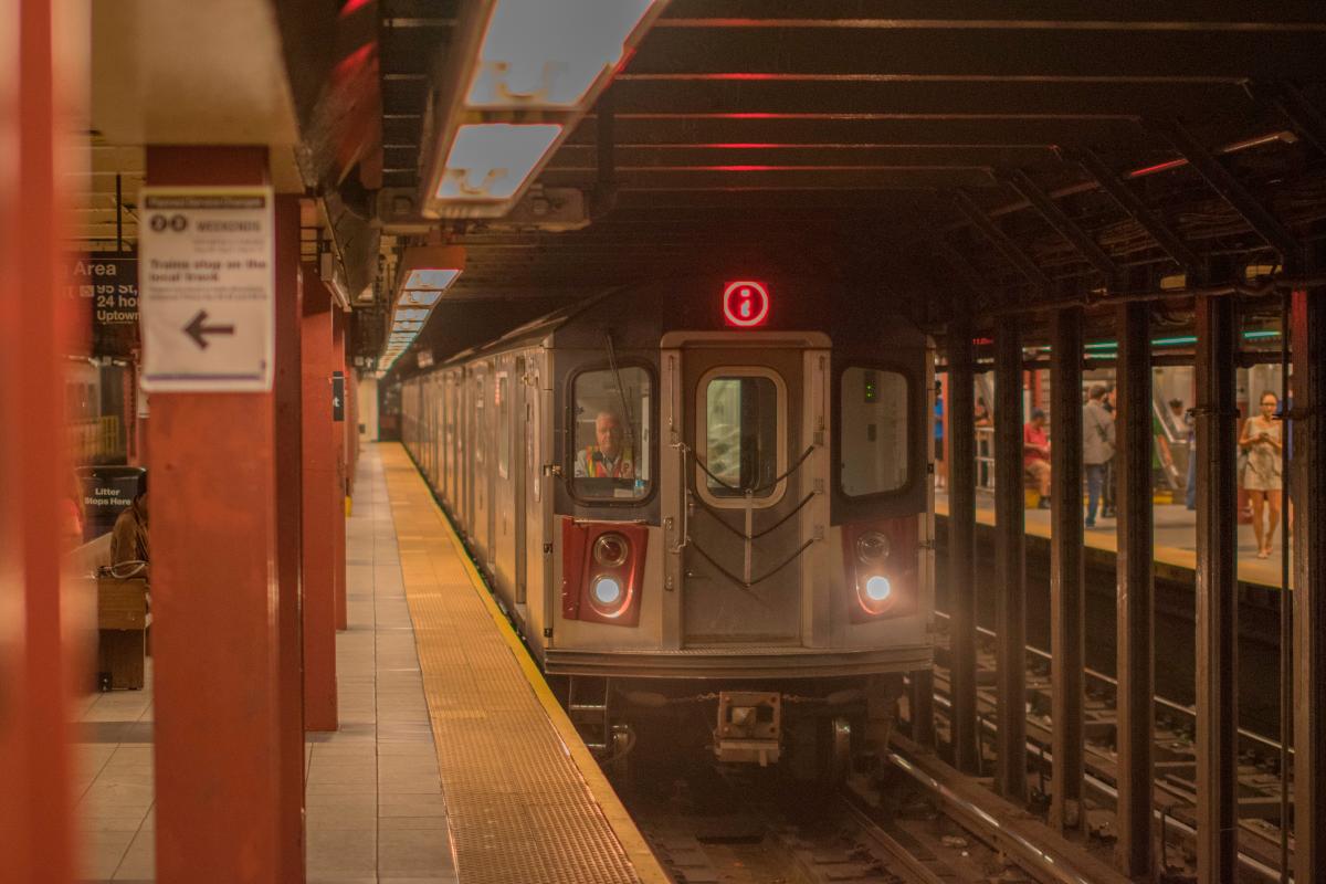 A train consisting of Bombardier R142s enters 96th Street on the 2 train en-route to Brooklyn College-Flatbush Avenue in Brooklyn 