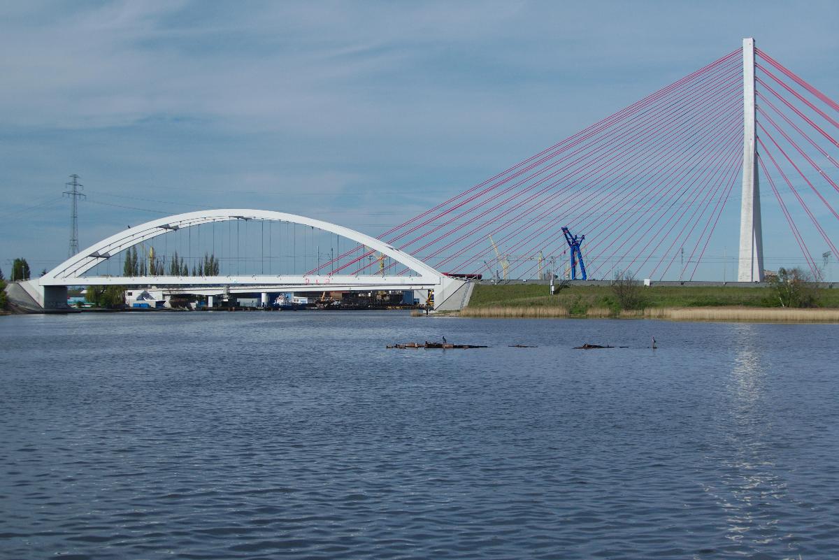 Railway brigde over Martwa Wisła river on railway line number 226 in Gdańsk, Poland John Paul 2nd cable-stayed bridge can be seen in the background; 2 cormorant in the foreground.