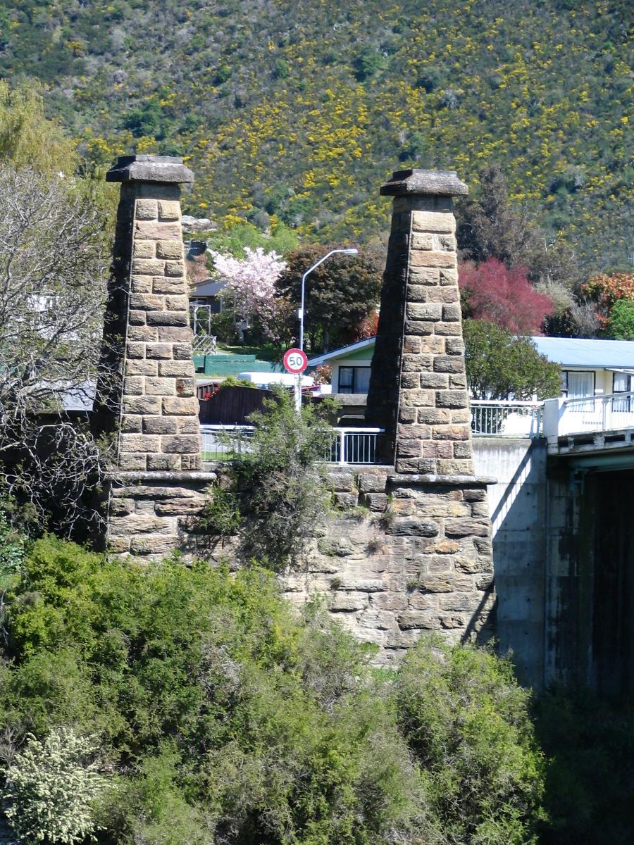 Towers remains of the 1887 suspension bridge at Roxburgh, New Zealand. 