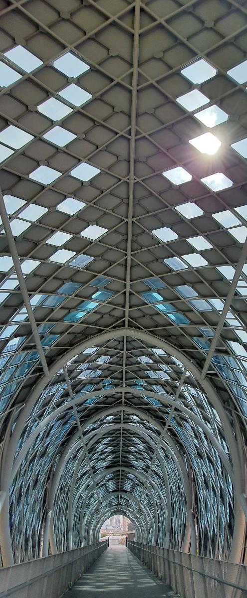 Interior of the Saloma Link footbridge in Kuala Lumpur, showing the complex steel lattice structure interspersed with cladding and glass panels. 