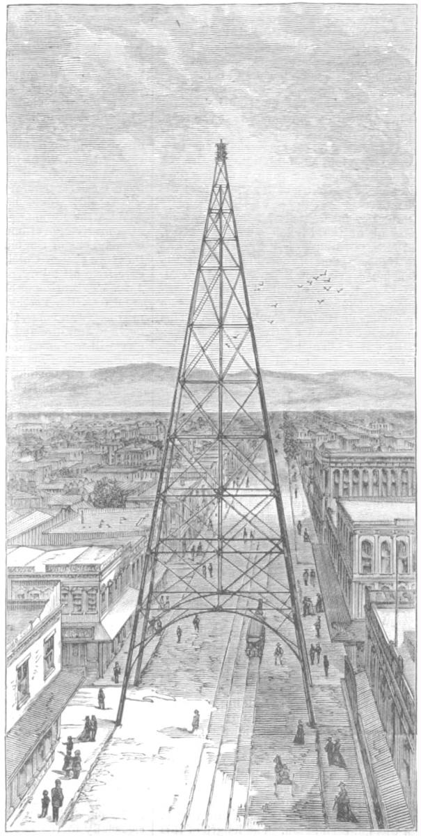 San Jose electric light tower Illustration by H.G. Peelor of San Jose electric light tower, aka Owens Electric Tower, a moonlight tower to illuminate downtown San Jose. The tower was first erected in 1881.
