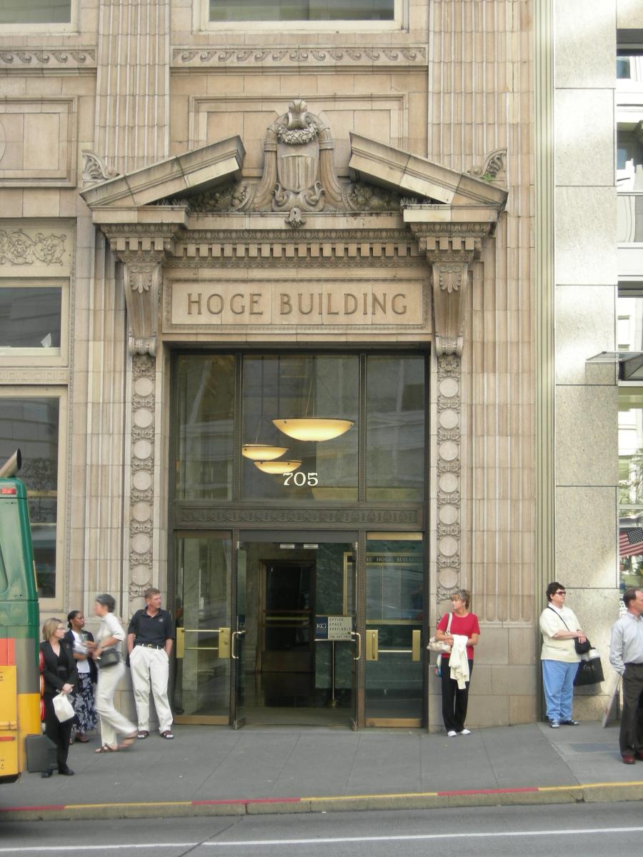 Entrance to the Hoge Building, 705 Second Avenue, Seattle, Washington Built in 1911, Seattle's second steel-frame skyscraper (after the Alaska Building).