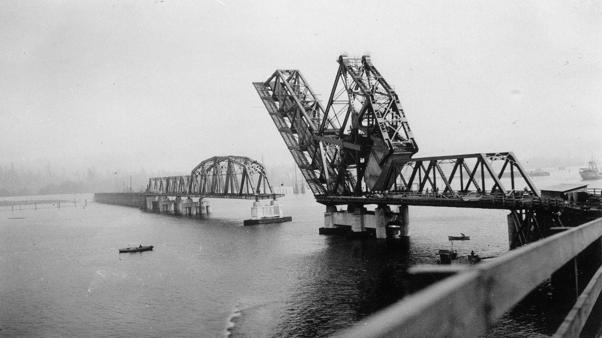Second Narrows Bridge, view of raised bascule span from south end of bridge, September 8, 1925 