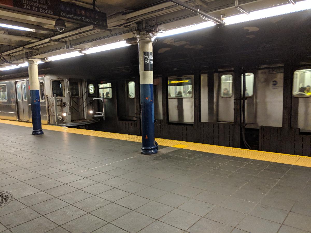 A shuttle (S) train at Fulton Street Station 