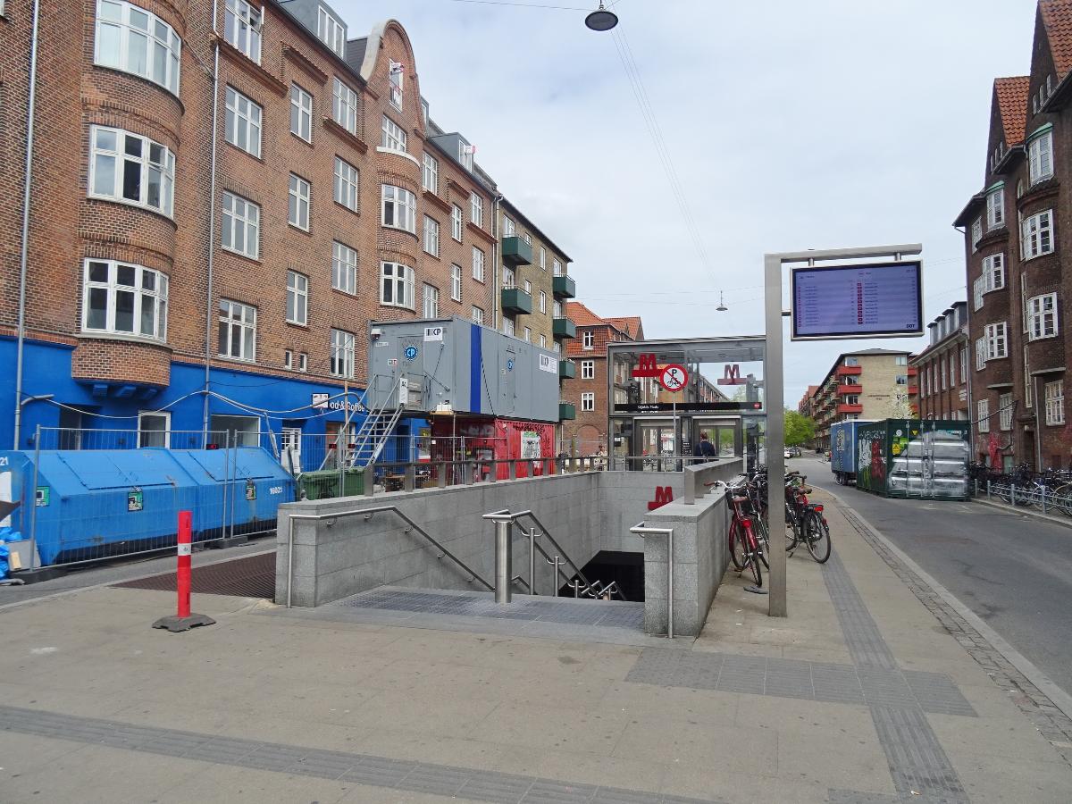 Main access of Skjolds Plads Station on the metro line Cityringen in Copenhagen The station is situated under the street Haraldsgade