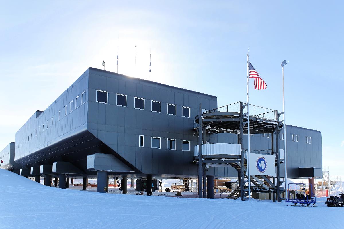 Amundsen-Scott South Pole Station Facing Destination Alpha, one of two main entrances to the station.