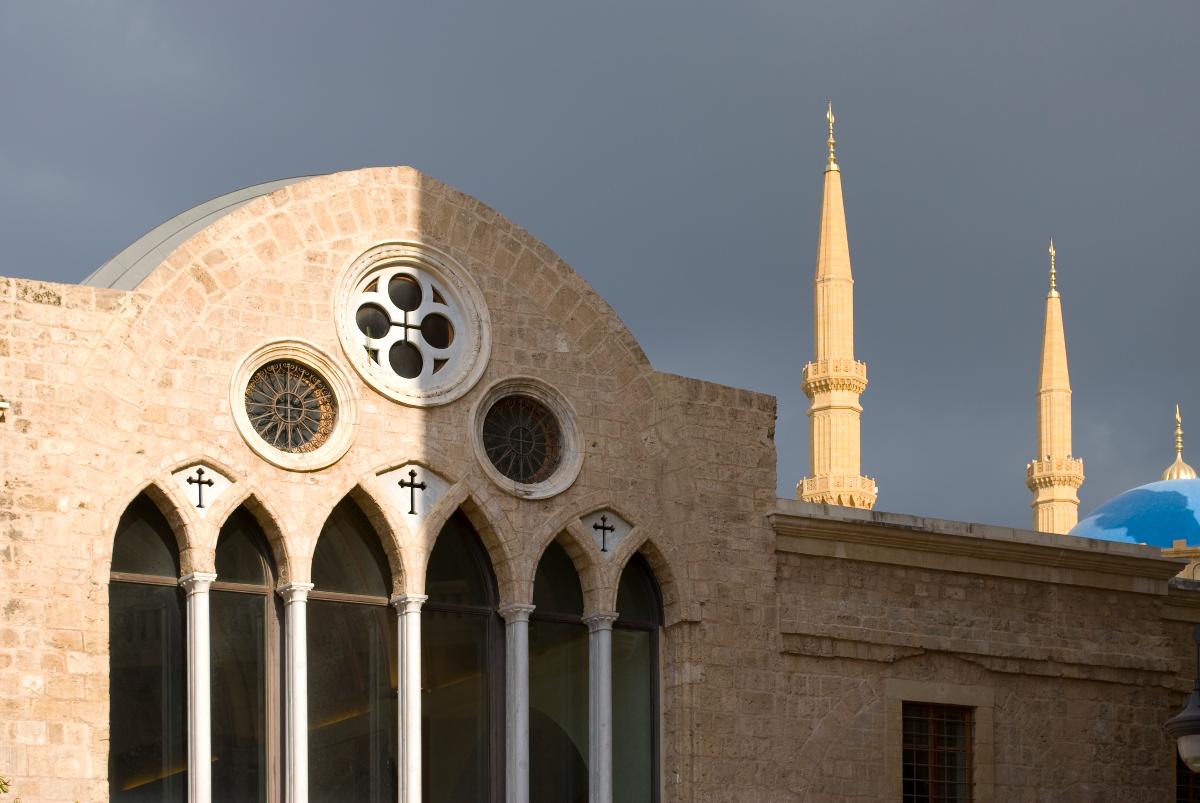 St. George's Greek-Orthodox Cathedral in Downtown Beirut. In the background spires of Mohammad Al-Amin Mosque can be seen. 