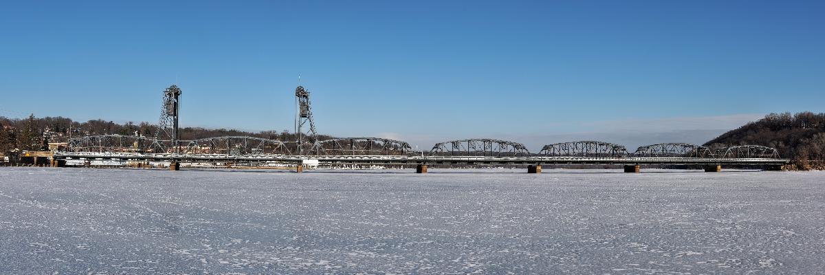 The historic Stillwater Lift Bridge, as viewed from the middle of the frozen St. Croix River. 