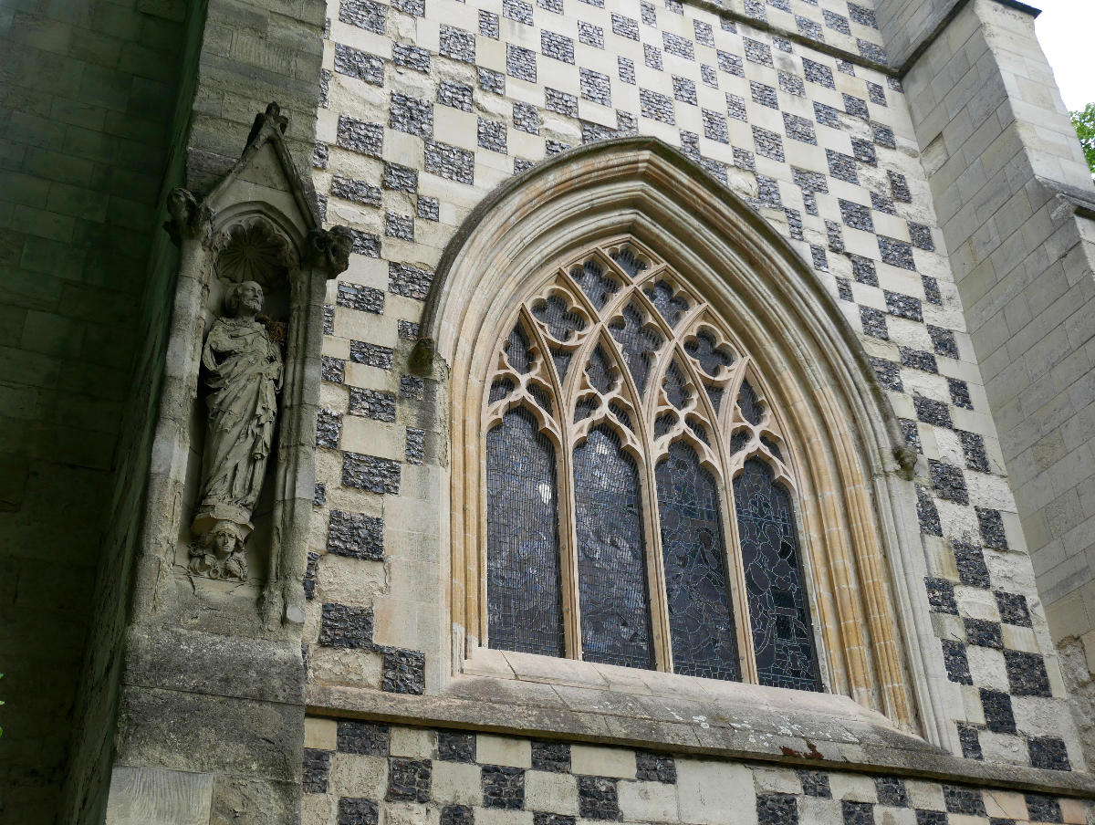 The west face of the tower on the Parish Church of Saint Mary in Luton 