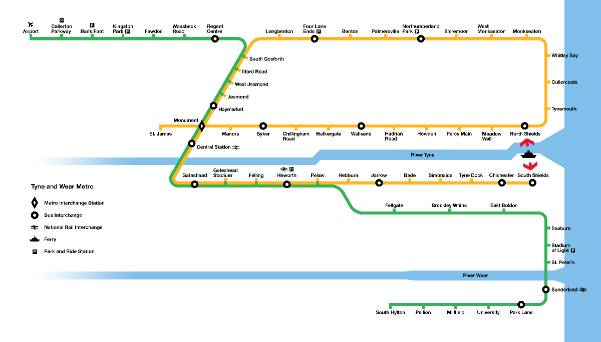 Transitatipn
map of the Tyne and Wear Metro, a light rail network serving Newcastle upon Tyne and Sunderland Based on the official Metro map -