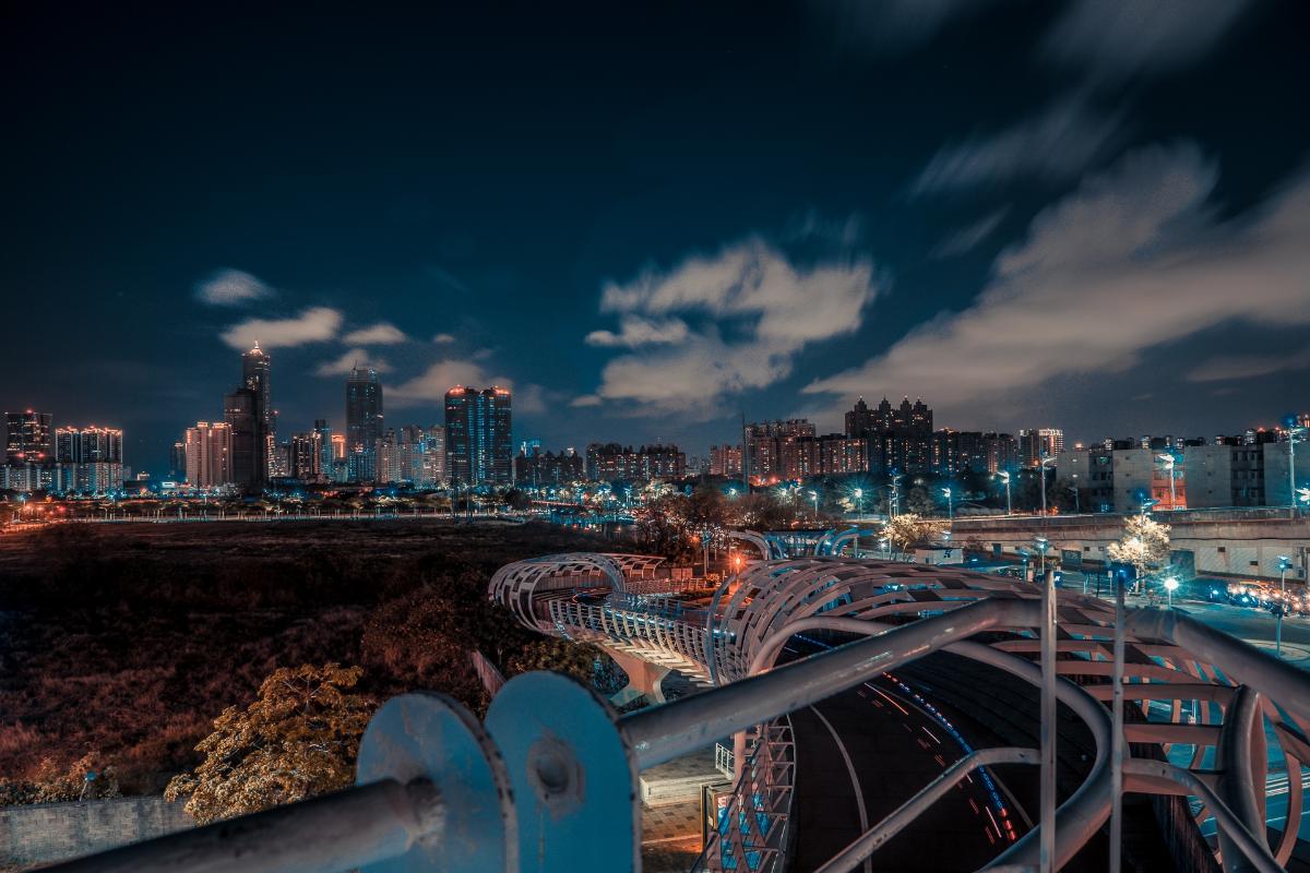 View of Kaohsiung, Taiwan night skyline from Star-of-Cianjhen Bike Bridge 