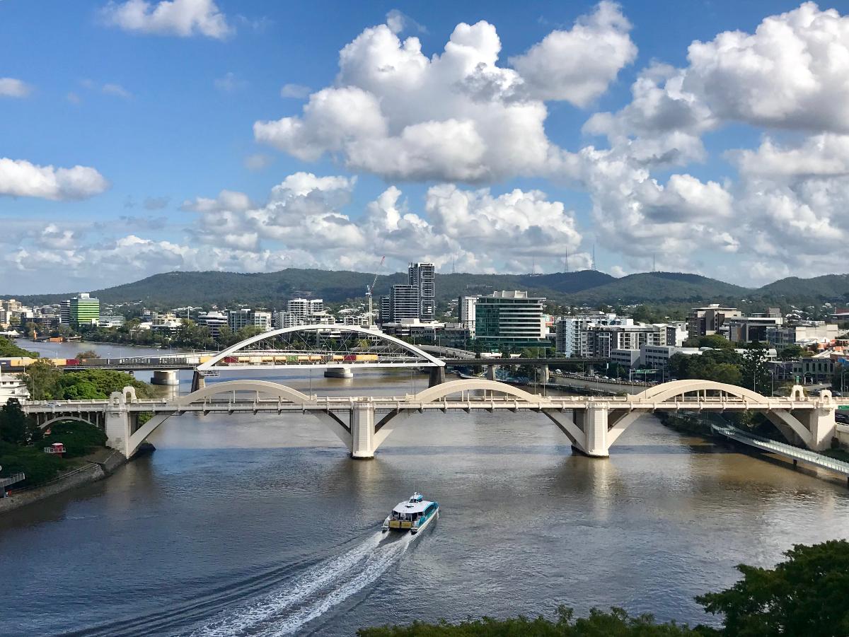 Brisbane River, William Jolly Bridge, Milton and Mount Coot-tha in the background seen from level 10 of North Quay building, Brisbane 