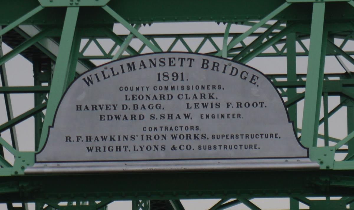 Willimansett Bridge Plaque of the Willimansett Bridge following its refurbishment from 2011-2015, showing principal officials and contractors, including engineer Edward S. Shaw